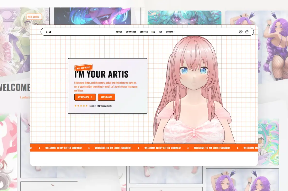 Halaman utama Mise dengan avatar 3D interaktif, latar grid oranye, dan teks berjalan